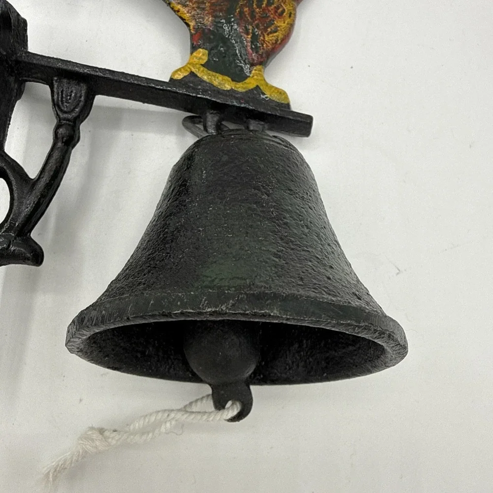 Vtg Cast Iron Hand Painted Rooster Chicken Wall Mount Dinner Bell Farm Barn Deco